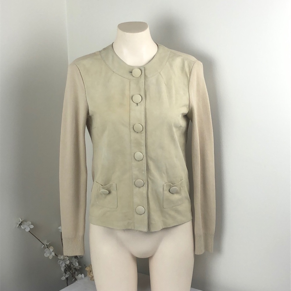 Faconnable Beige Suede Knit Cardigan Sweater